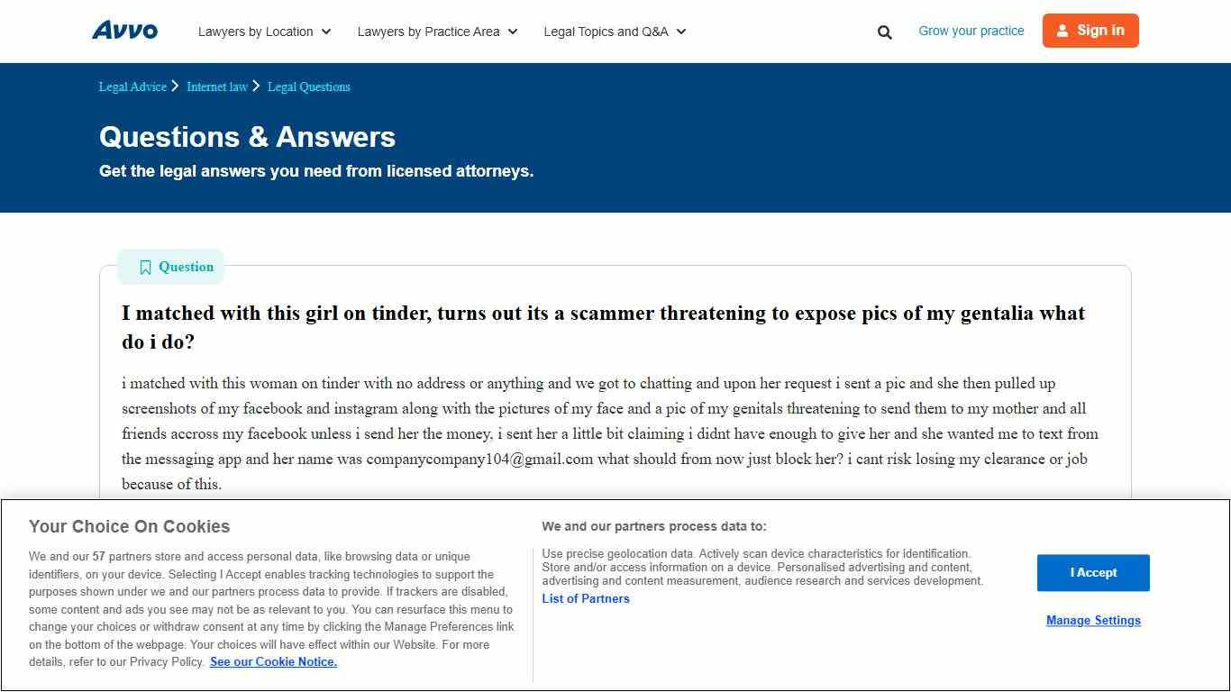 I matched with this girl on tinder, turns out its a scammer threatening to expose pics of my gentalia what do i do? - Legal Answers
